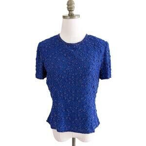 Vintage Adrianna Papell Blue Short Sleeve Beaded Top Women's Sz Small Crew Neck
